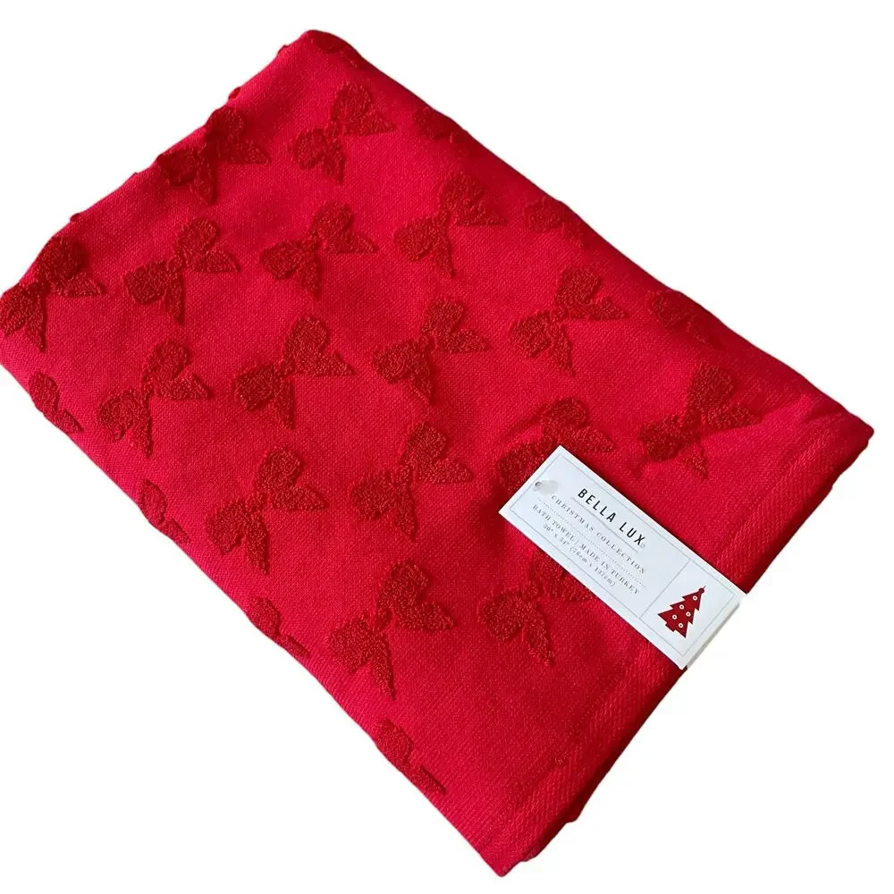 Bella Lux Christmas BOWS Bath Towel Set of 2 Chic Holiday Red Bathroom Decor New